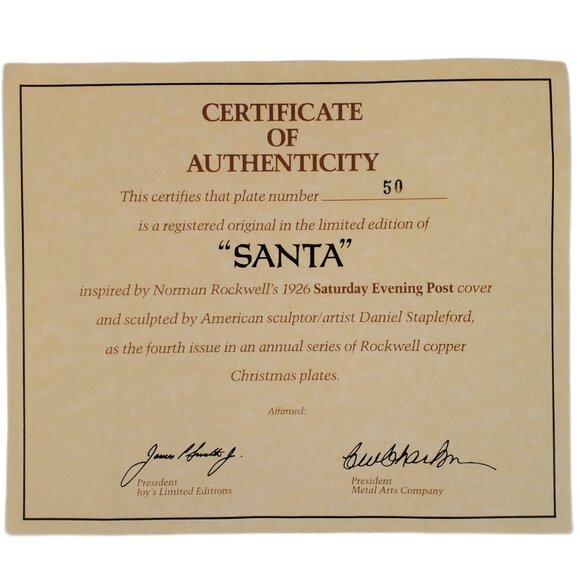 VTG Norman Rockwell Copper Collector Plate "Santa" Limited Edition. 1981 COA - Picture 5 of 8